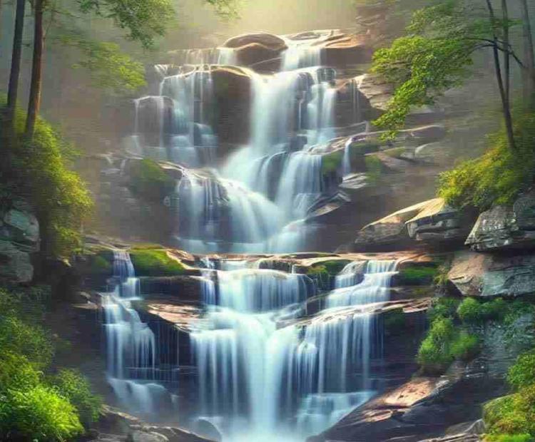 A breathtaking view of a gigantic waterfall cascading down rocks near Hanging Rock Park, with mist rising from the base of the falls.