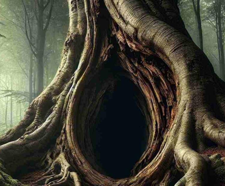 A massive hollow tree discovered in the forest, acting as a shelter for various plants and wildlife.