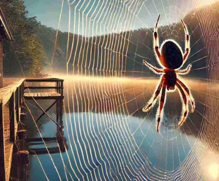 A spider weaving a web by a serene lake, with the water reflecting the intricate design of the web.