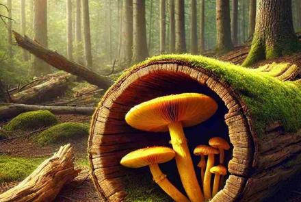 A large mushroom growing out of an old tree trunk, illuminated by sunlight filtering through the trees.